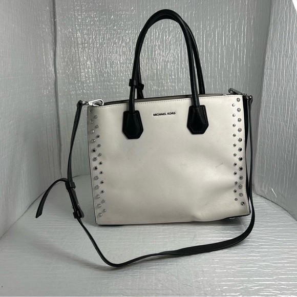 Michael Kors Handbags - Michael Kora Mercer Studded Two Way Bi-Color Plain White Leather